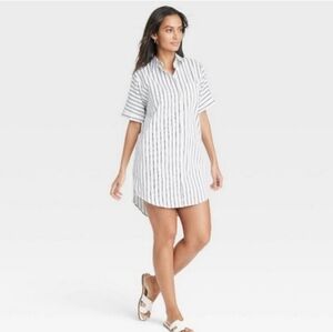 Women's Easy Woven Mini Shirt Dress A New Day White Striped - 1X